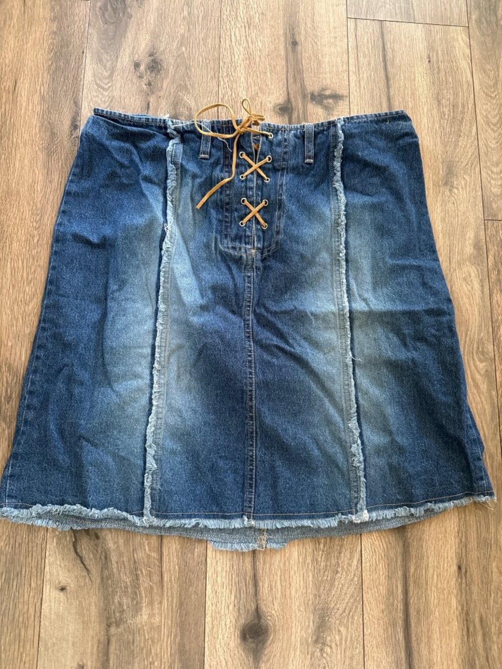 Faded Glory Y2K VTG Blue Denim Lace-Up Skirt Size 16 Frayed Hem Cotton Women